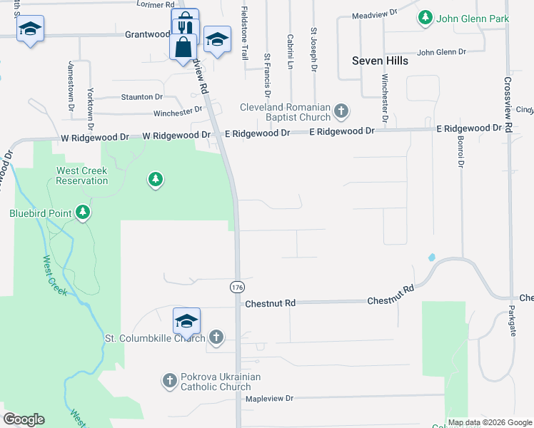 map of restaurants, bars, coffee shops, grocery stores, and more near 195 Panorama Drive in Seven Hills