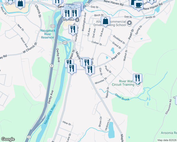 map of restaurants, bars, coffee shops, grocery stores, and more near 56 Maple Street in Seymour