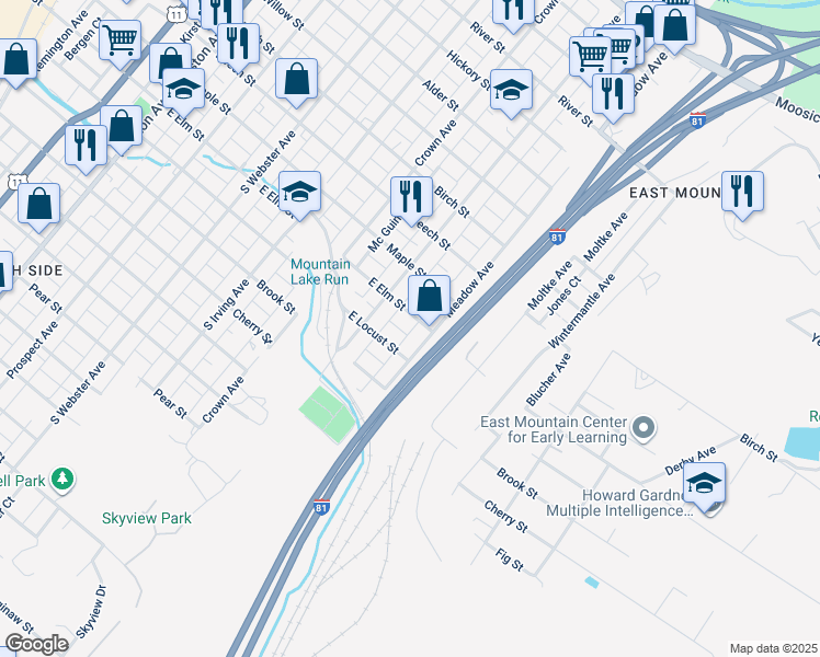 map of restaurants, bars, coffee shops, grocery stores, and more near 1122 Meadow Avenue in Scranton