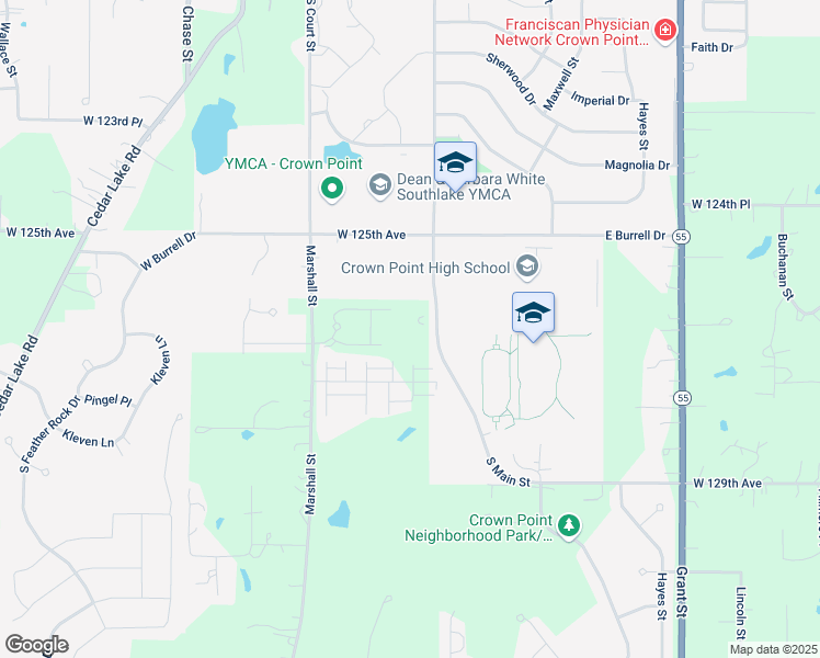 map of restaurants, bars, coffee shops, grocery stores, and more near 12615 Marshall Street in Crown Point