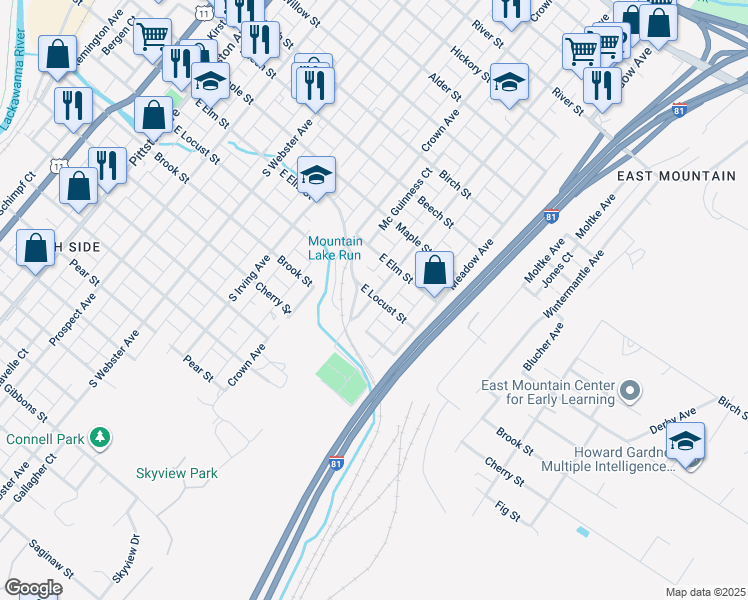 map of restaurants, bars, coffee shops, grocery stores, and more near 1201 Stafford Avenue in Scranton
