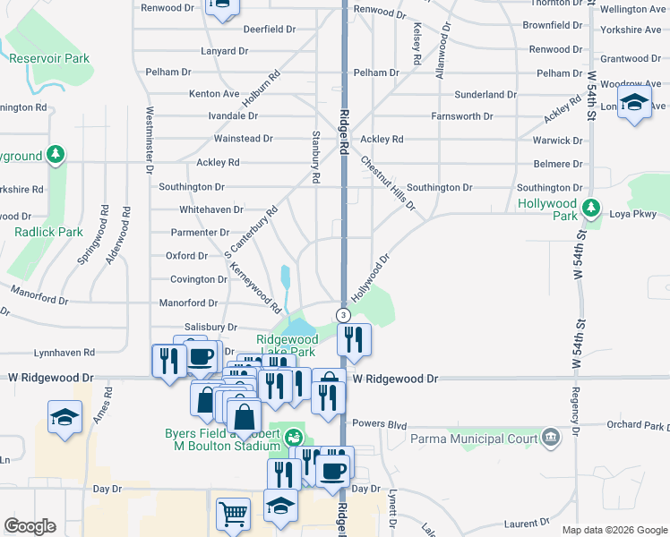 map of restaurants, bars, coffee shops, grocery stores, and more near 6468 Ridge Road in Parma