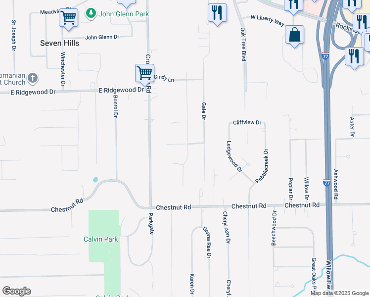 map of restaurants, bars, coffee shops, grocery stores, and more near 3868 Steven Drive in Seven Hills