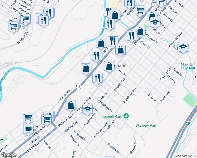 map of restaurants, bars, coffee shops, grocery stores, and more near 1908 Pittston Avenue in Scranton