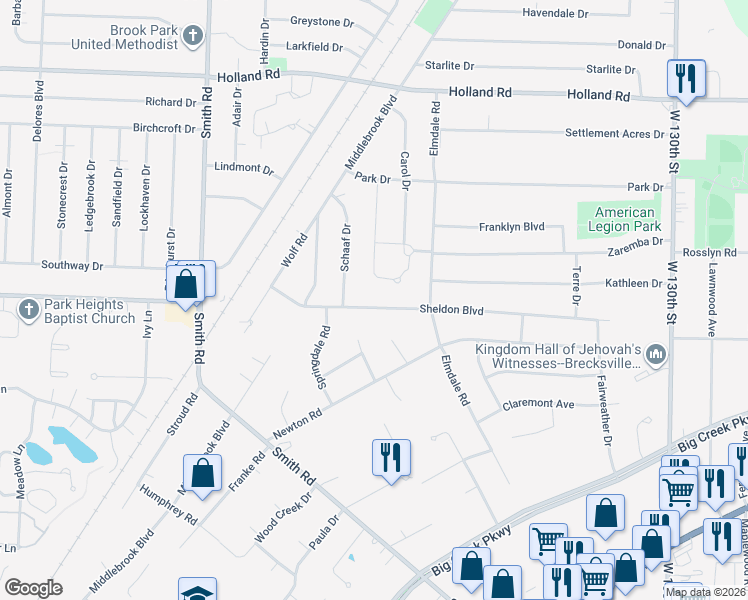 map of restaurants, bars, coffee shops, grocery stores, and more near 14465 Sheldon Boulevard in Cleveland