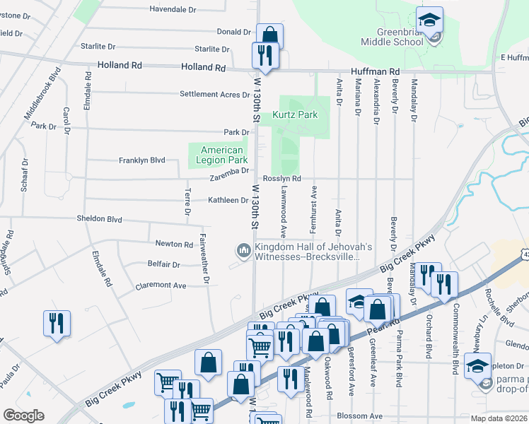 map of restaurants, bars, coffee shops, grocery stores, and more near 6480 West 130th Street in Brook Park