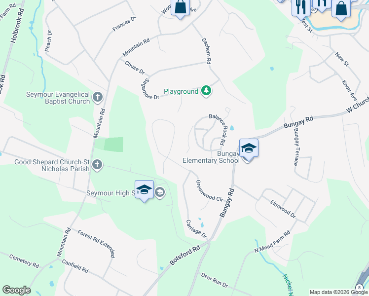 map of restaurants, bars, coffee shops, grocery stores, and more near 37 Balance Rock Road in Seymour