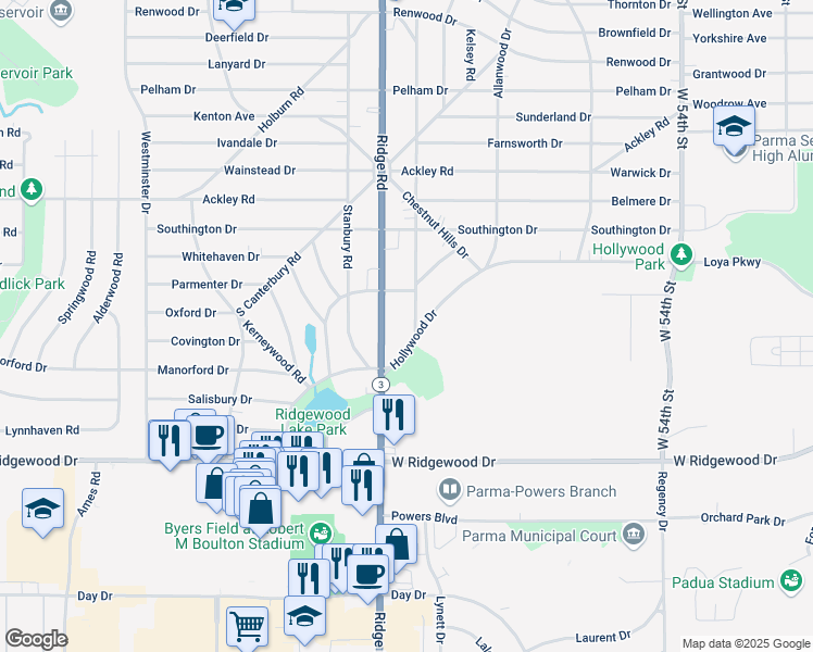 map of restaurants, bars, coffee shops, grocery stores, and more near 7268 Hollywood Drive in Parma