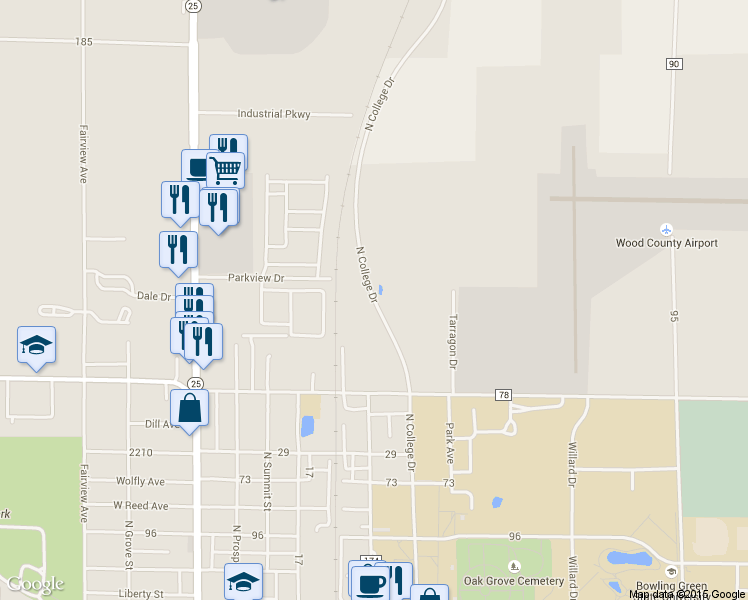 map of restaurants, bars, coffee shops, grocery stores, and more near North College Drive in Bowling Green