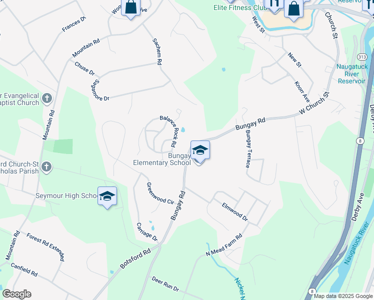 map of restaurants, bars, coffee shops, grocery stores, and more near 14 Bungay Road in Seymour
