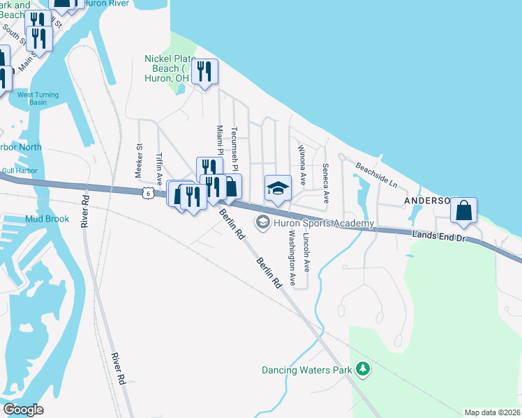map of restaurants, bars, coffee shops, grocery stores, and more near 624 Cleveland Road East in Huron