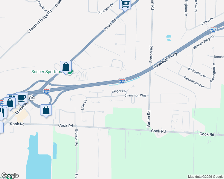 map of restaurants, bars, coffee shops, grocery stores, and more near 30301 Ginger Lane in North Olmsted