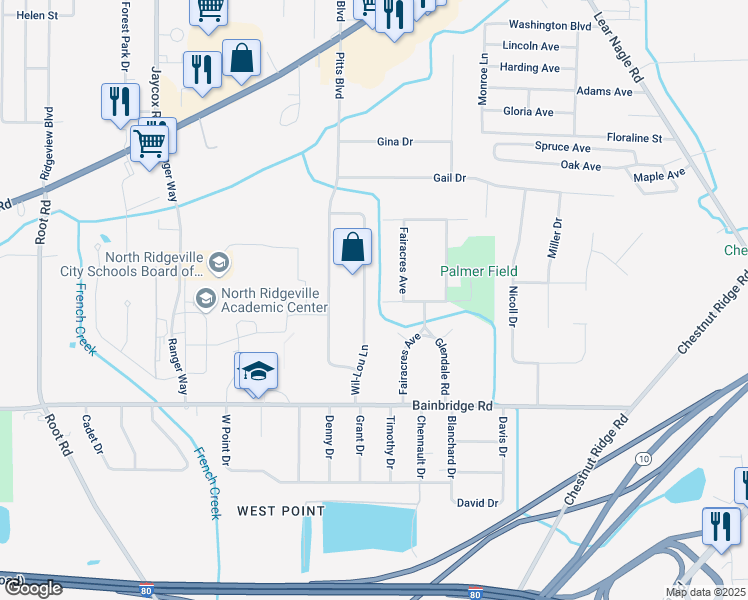 map of restaurants, bars, coffee shops, grocery stores, and more near 7137 Wil-Lou Lane in North Ridgeville