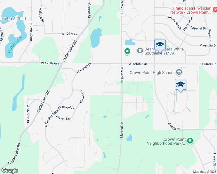 map of restaurants, bars, coffee shops, grocery stores, and more near 500 Wyndham Drive in Crown Point
