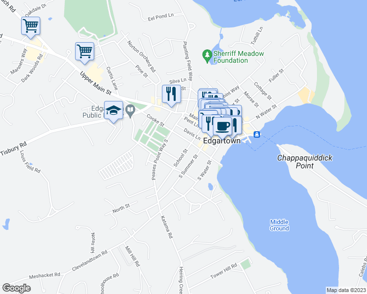 map of restaurants, bars, coffee shops, grocery stores, and more near 63 School Street in Edgartown