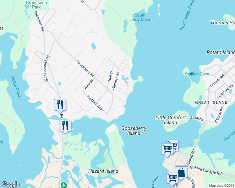 map of restaurants, bars, coffee shops, grocery stores, and more near 374 Gooseberry Road in South Kingstown