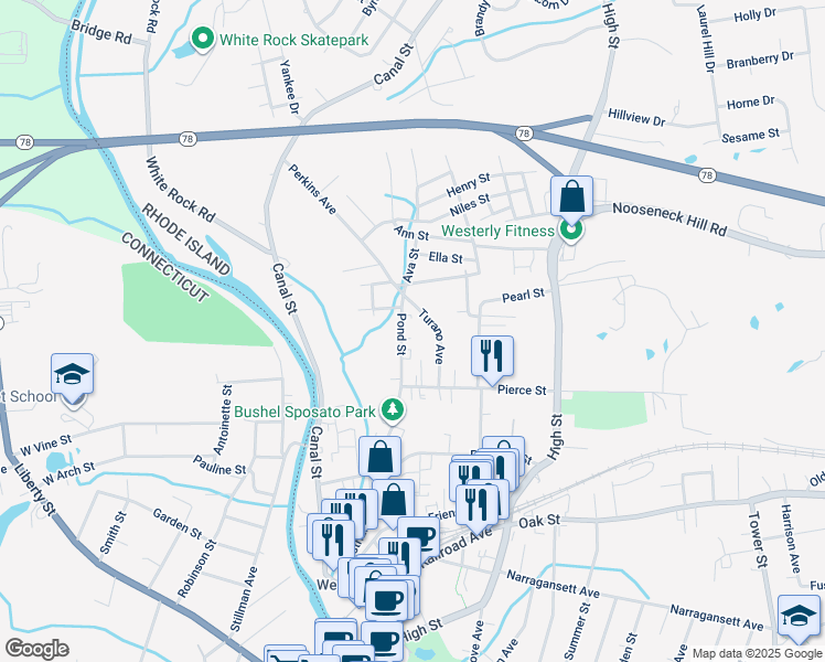 map of restaurants, bars, coffee shops, grocery stores, and more near 11 Pond Street in Westerly
