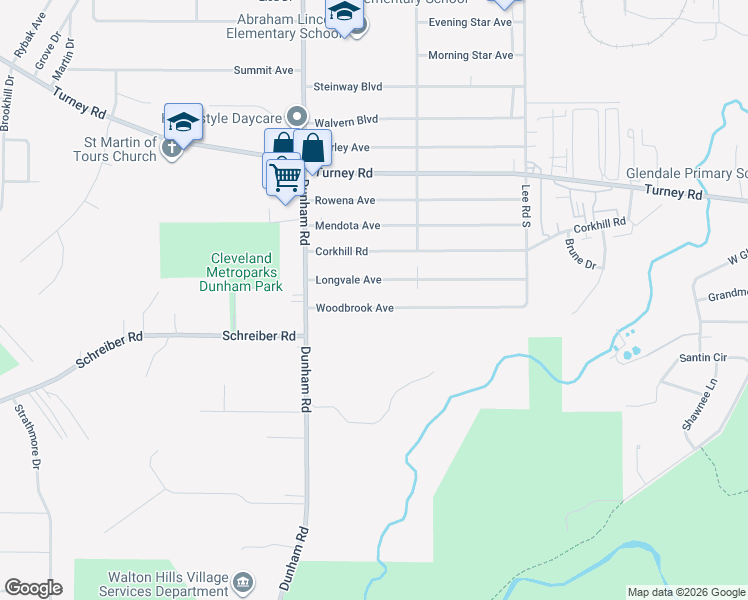 map of restaurants, bars, coffee shops, grocery stores, and more near 15516 Woodbrook Avenue in Maple Heights