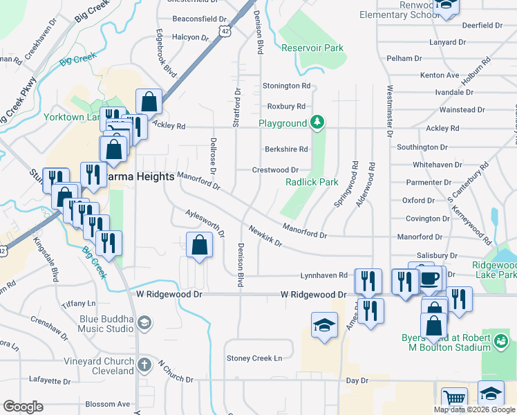 map of restaurants, bars, coffee shops, grocery stores, and more near 9497 Manorford Drive in Parma Heights