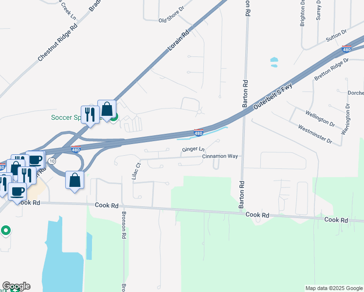 map of restaurants, bars, coffee shops, grocery stores, and more near 30301 Ginger Lane in North Olmsted