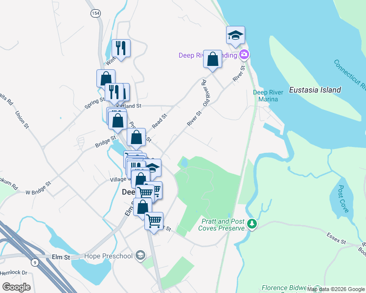 map of restaurants, bars, coffee shops, grocery stores, and more near 58 River Street in Deep River