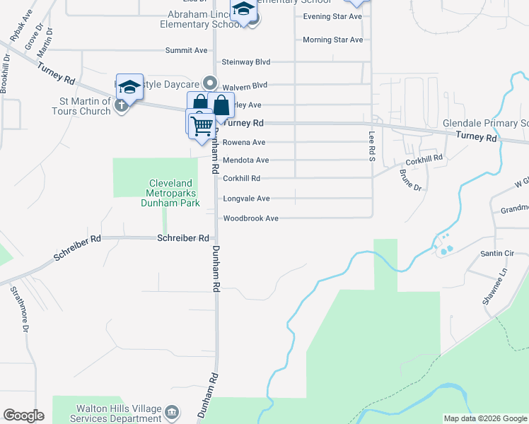 map of restaurants, bars, coffee shops, grocery stores, and more near 15516 Woodbrook Avenue in Maple Heights