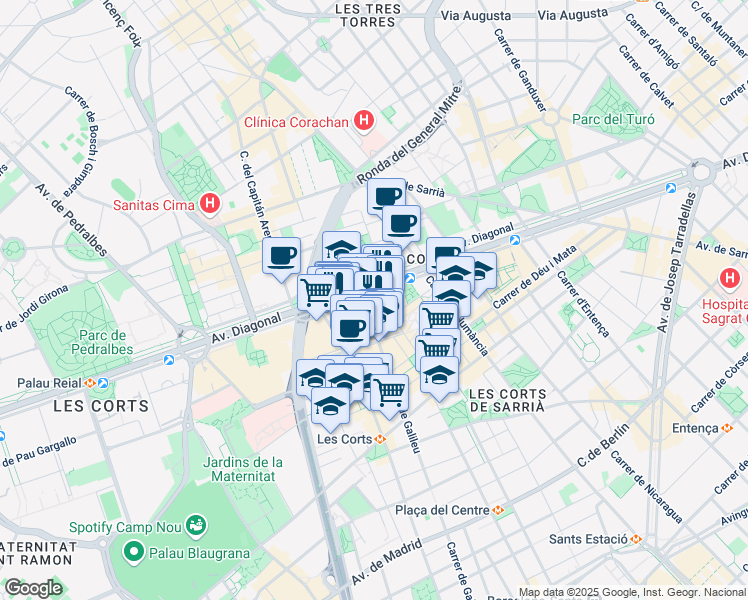 map of restaurants, bars, coffee shops, grocery stores, and more near 601 Avinguda Diagonal in Barcelona