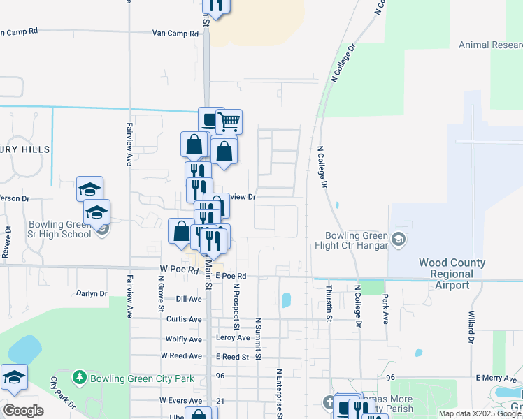 map of restaurants, bars, coffee shops, grocery stores, and more near 1048 North Main Street in Bowling Green