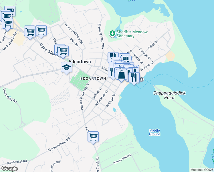 map of restaurants, bars, coffee shops, grocery stores, and more near 20 Cooke Street in Edgartown