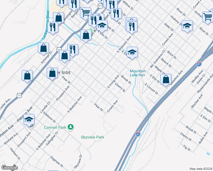 map of restaurants, bars, coffee shops, grocery stores, and more near 815 Fig Street in Scranton