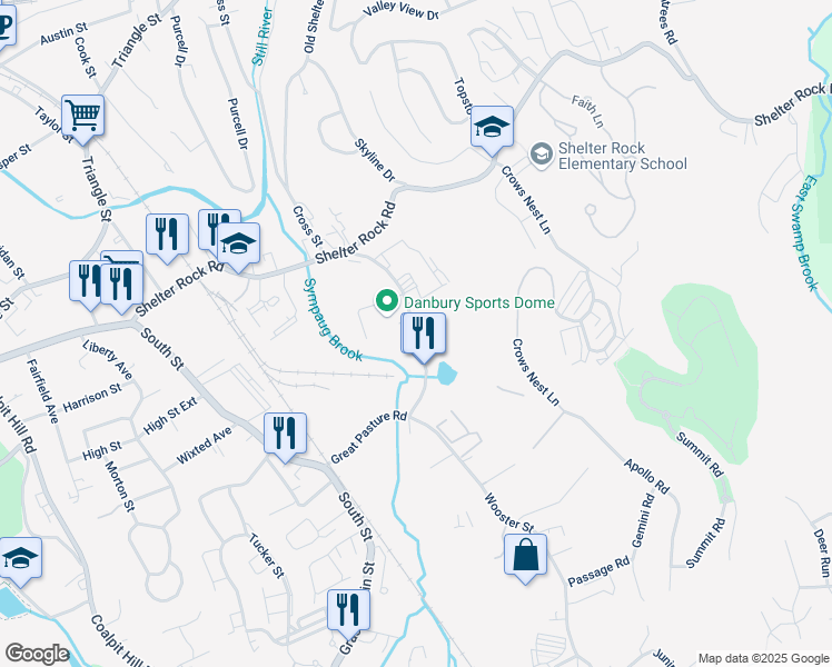 map of restaurants, bars, coffee shops, grocery stores, and more near Shelter Rock Lane in Danbury