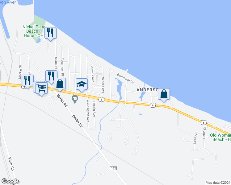 map of restaurants, bars, coffee shops, grocery stores, and more near 1003 Cove Circle in Huron
