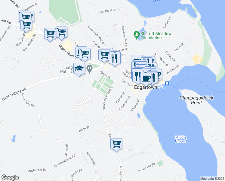 map of restaurants, bars, coffee shops, grocery stores, and more near 12 Norton Street in Edgartown