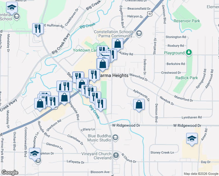 map of restaurants, bars, coffee shops, grocery stores, and more near 6452 York Road in Parma Heights