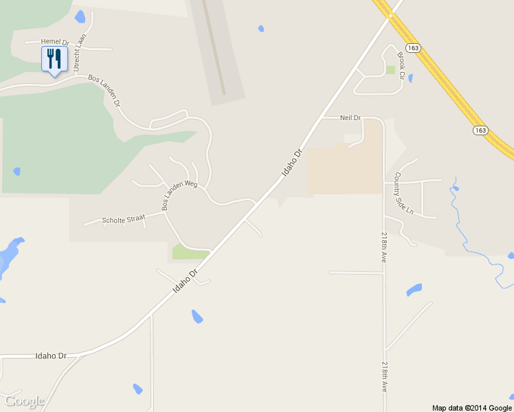 map of restaurants, bars, coffee shops, grocery stores, and more near 2150 Idaho Drive in Pella