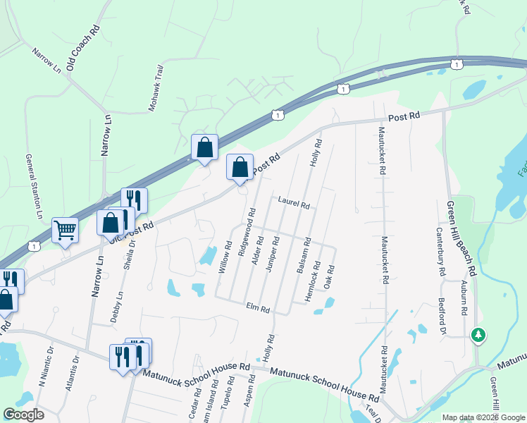 map of restaurants, bars, coffee shops, grocery stores, and more near 121 Birch Road in South Kingstown