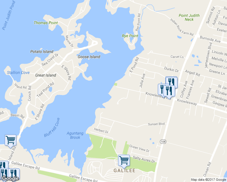 map of restaurants, bars, coffee shops, grocery stores, and more near 220 Knowlesway Extension in Narragansett