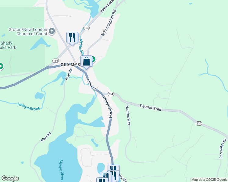 map of restaurants, bars, coffee shops, grocery stores, and more near 188 Whitehall Avenue in Stonington