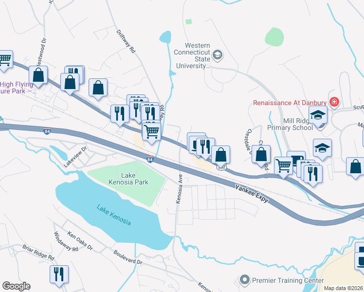 map of restaurants, bars, coffee shops, grocery stores, and more near Kenosia Avenue in Danbury