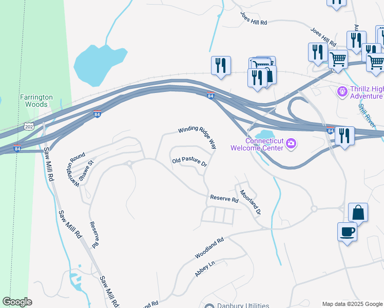 map of restaurants, bars, coffee shops, grocery stores, and more near 114 Center Meadow Lane in Danbury