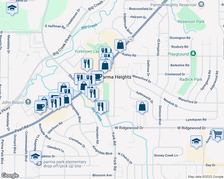 map of restaurants, bars, coffee shops, grocery stores, and more near 6452 York Road in Parma Heights