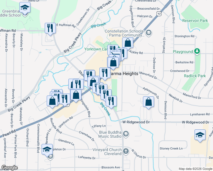 map of restaurants, bars, coffee shops, grocery stores, and more near 6363 York Road in Parma Heights