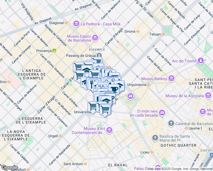 map of restaurants, bars, coffee shops, grocery stores, and more near 19 Rambla de Catalunya in Barcelona