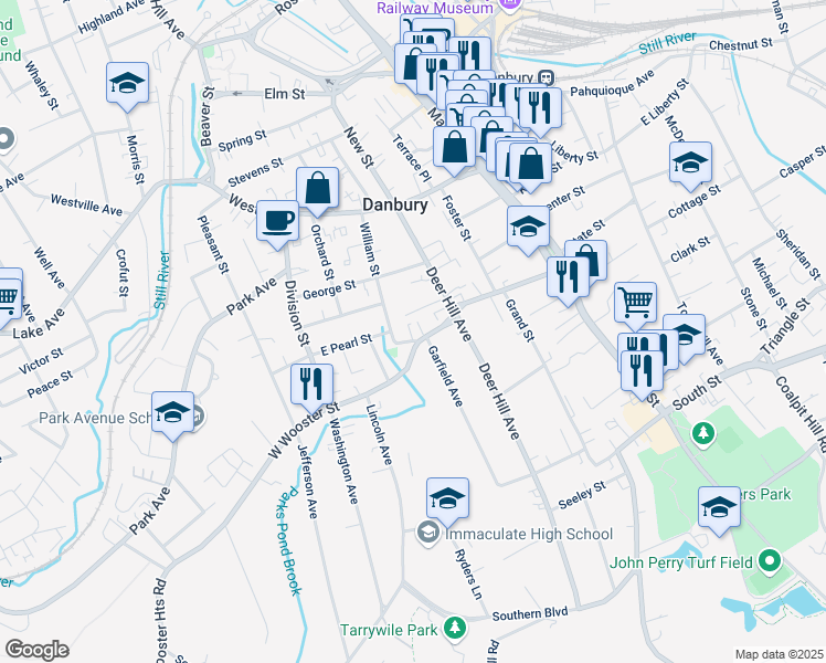 map of restaurants, bars, coffee shops, grocery stores, and more near 15 West Wooster Street in Danbury