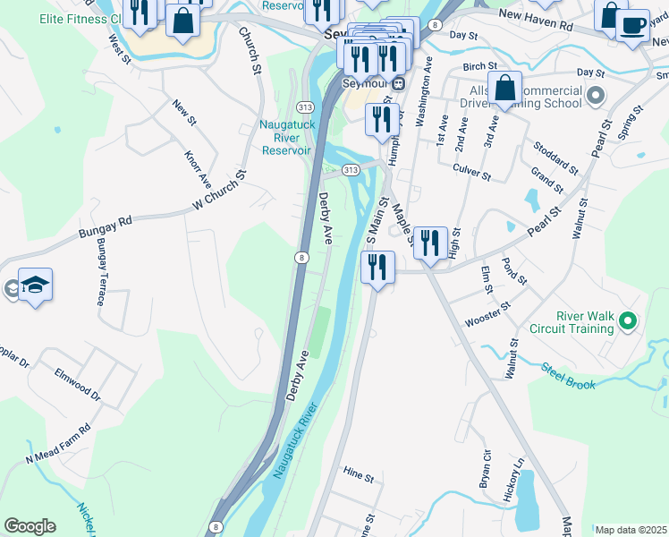 map of restaurants, bars, coffee shops, grocery stores, and more near 95 Derby Avenue in Seymour
