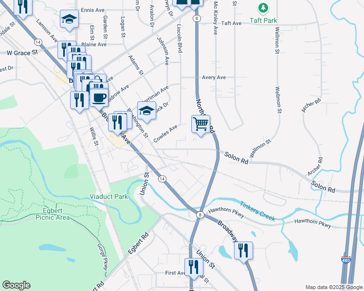 map of restaurants, bars, coffee shops, grocery stores, and more near 123 Solon Road in Bedford