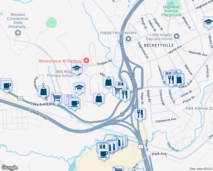 map of restaurants, bars, coffee shops, grocery stores, and more near 28 Mill Ridge Road in Danbury