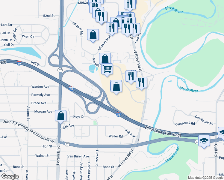 map of restaurants, bars, coffee shops, grocery stores, and more near 240 Market Drive in Elyria