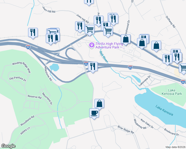 map of restaurants, bars, coffee shops, grocery stores, and more near 18 Old Ridgebury Road in Danbury