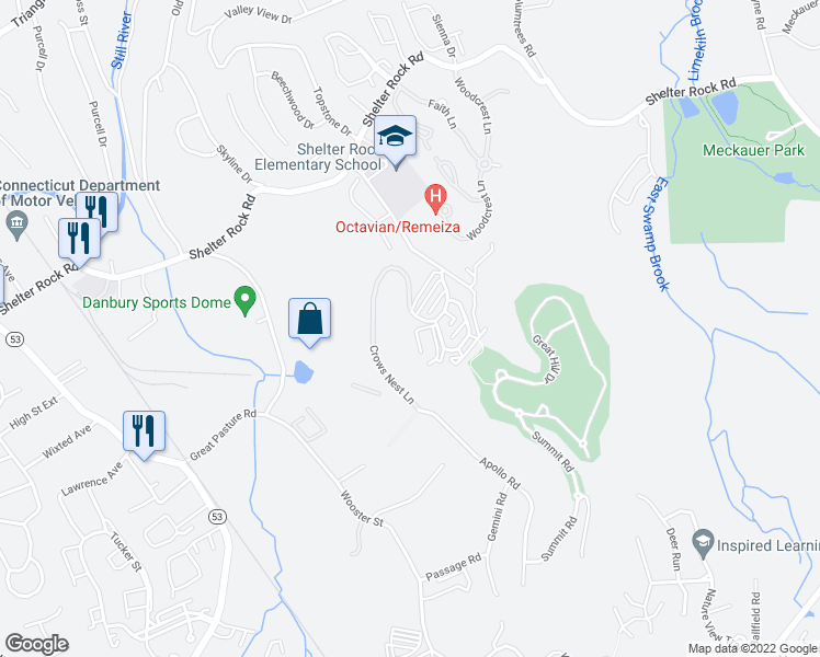 map of restaurants, bars, coffee shops, grocery stores, and more near 27 Crows Nest Lane in Danbury
